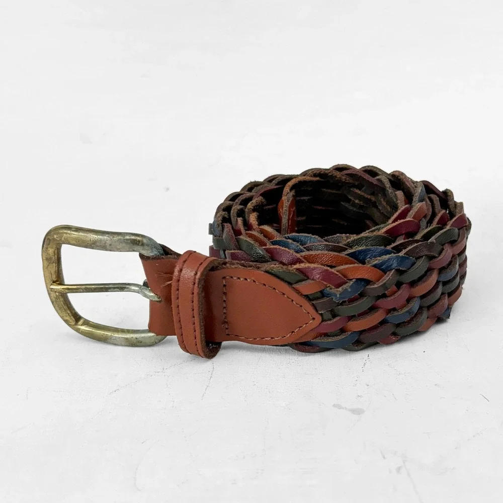 VTG Multi Color Braided Woven Leather Belt Guatemala Womens M Boho Western